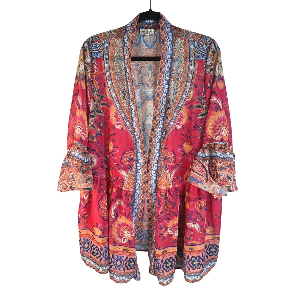 One World Women Red Paisley Ruffle Bell Sleeve Peplum Kimono 1X